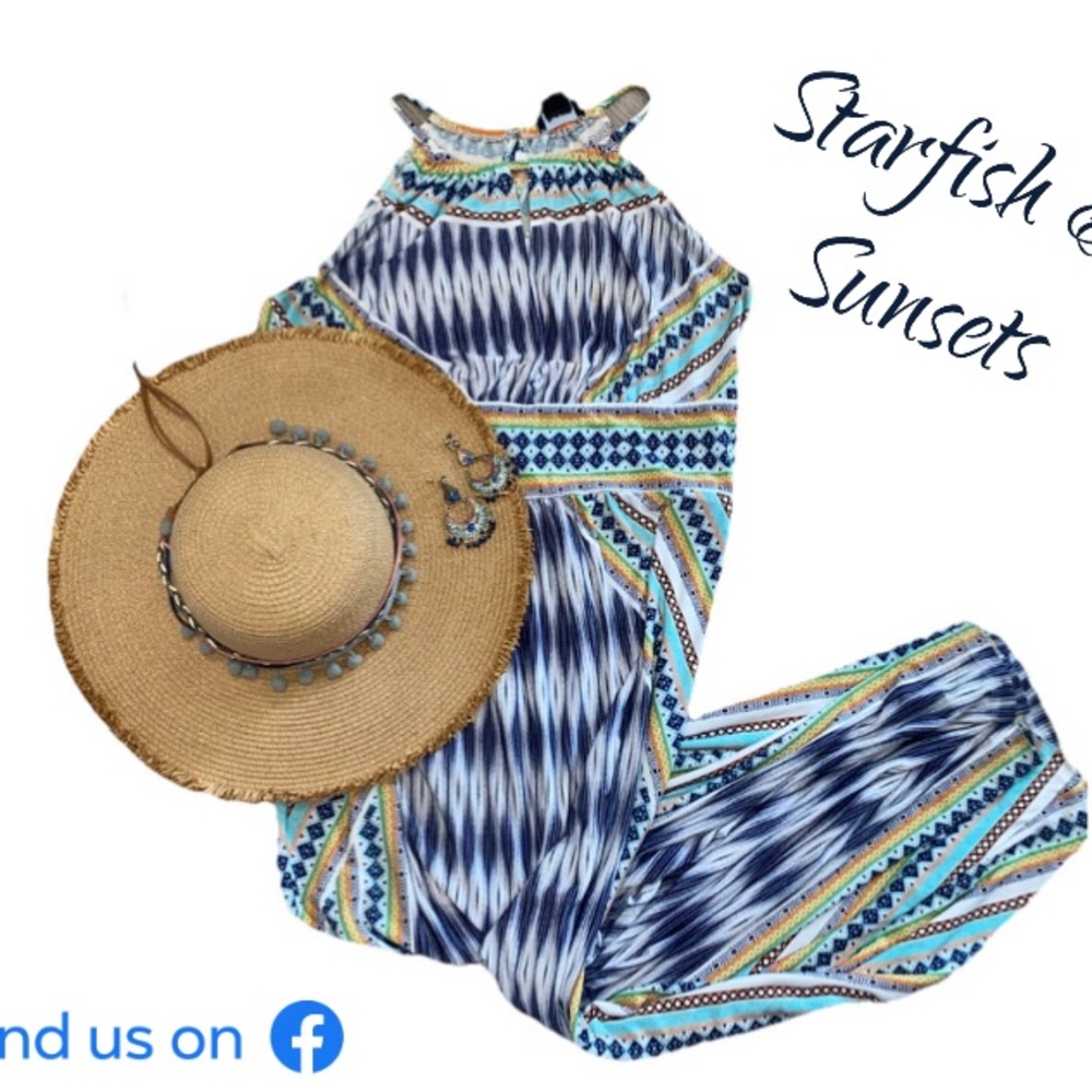 B Calm Women’s Aqua Orange Multi Print Halter Neck Maxi Dress No Size *Fits L/XL